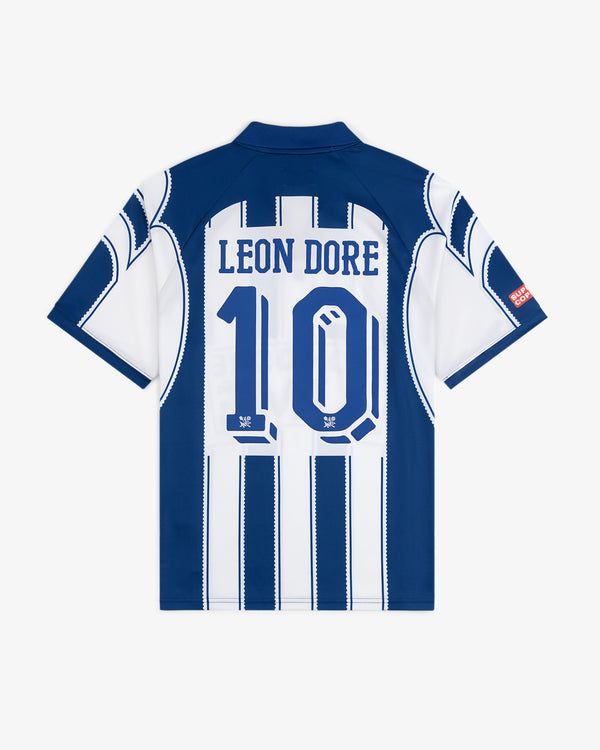 Aimé Cup Soccer Jersey: Blue & white stripes with LEON DORE and large blue number 10 on the back.