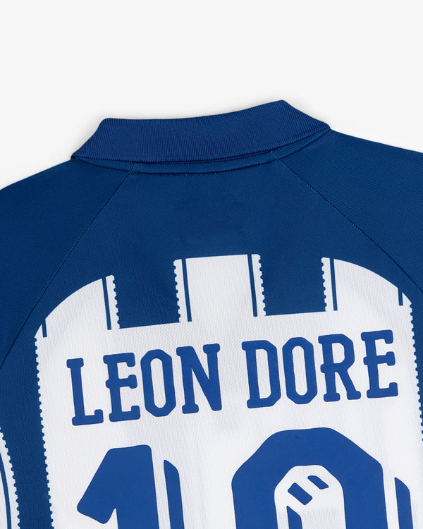 Aimé Cup Soccer Jersey in blue and white stripes with LEON DORE and number 10 printed on the back, shown from behind.