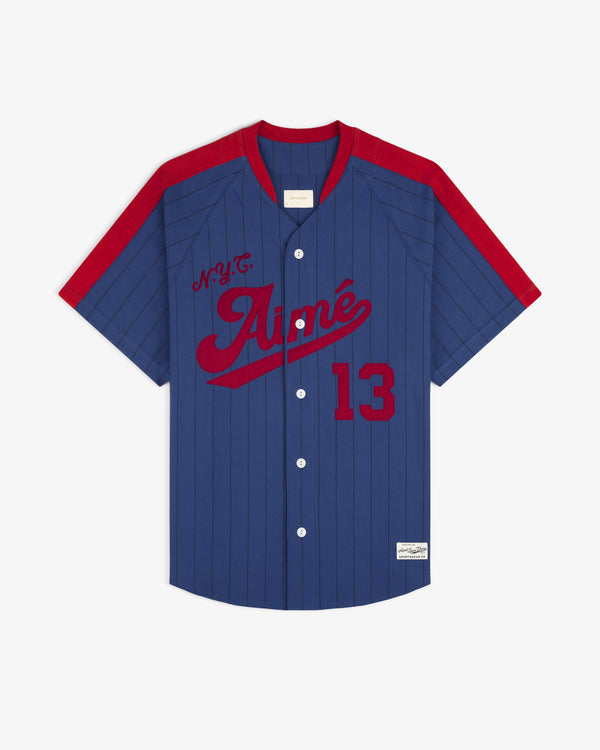 Aimé Baseball Jersey: blue pinstripes, red accents, N.Y.C. Aimé text, and #13 on the front.