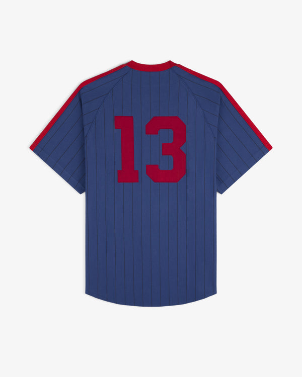 Aimé Baseball Jersey in blue pinstripes with red trim and red number 13 on back, shown on a white background.