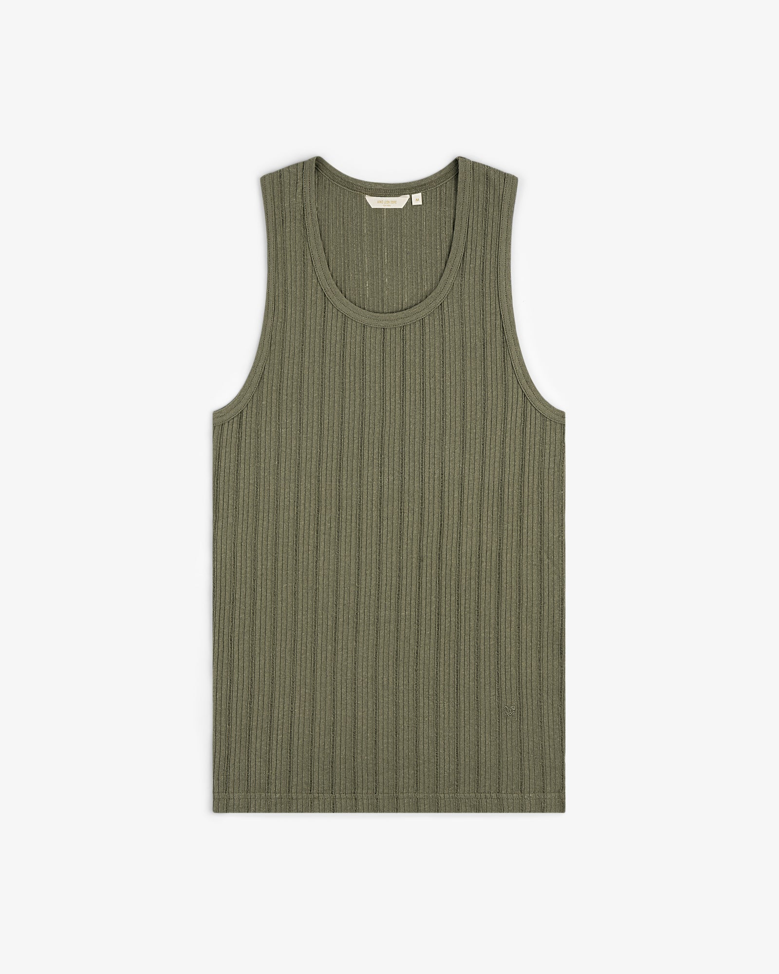 Drop Needle Tank Top in olive green, ribbed style, laid flat on a white background.