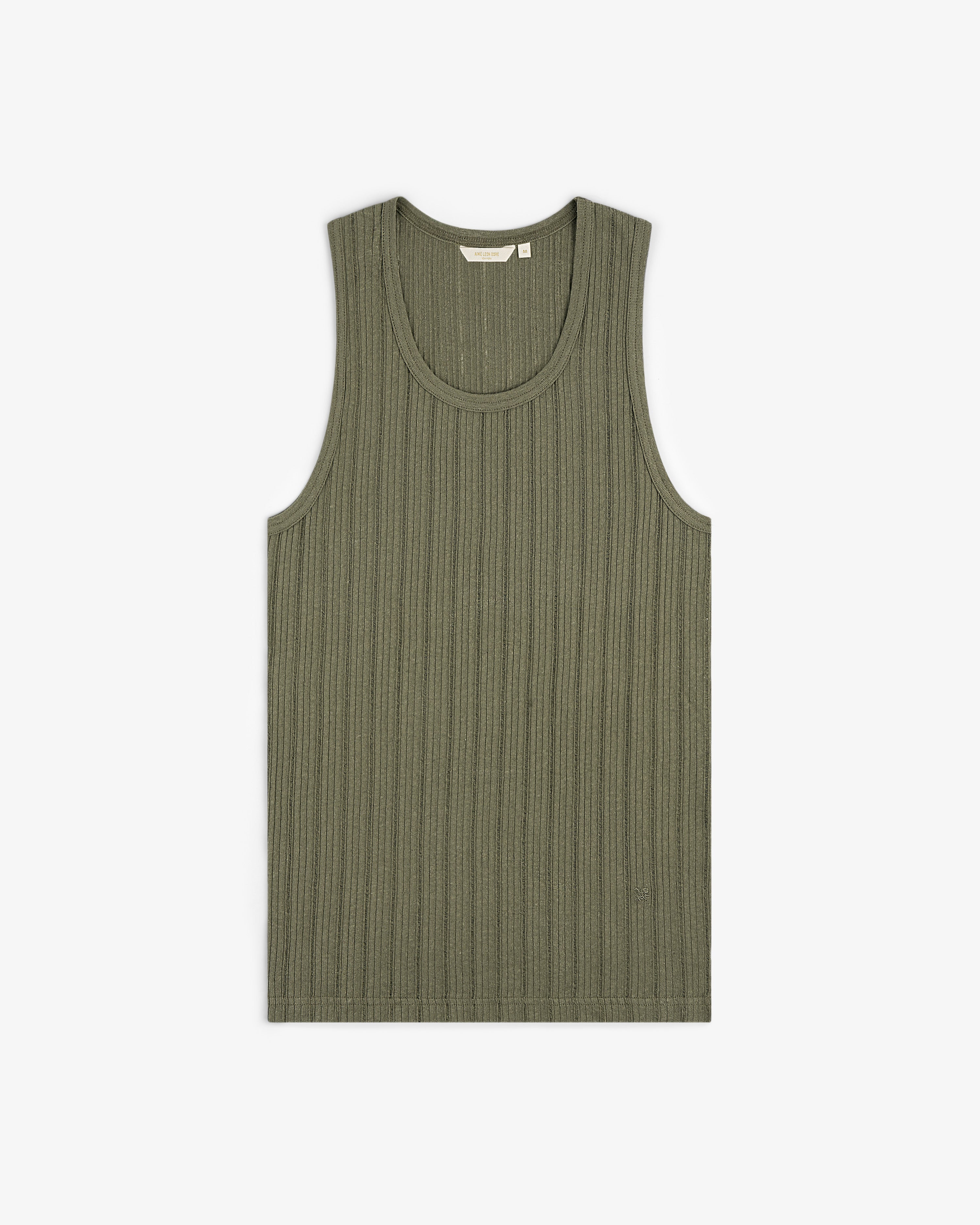 Drop Needle Tank Top in olive green, ribbed style, laid flat on a white background.