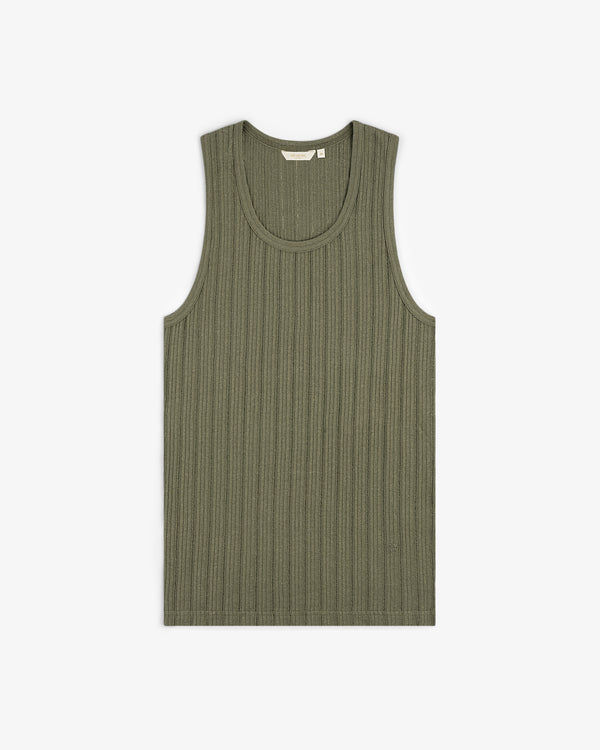 Drop Needle Tank Top in olive green, ribbed style, laid flat on a white background.