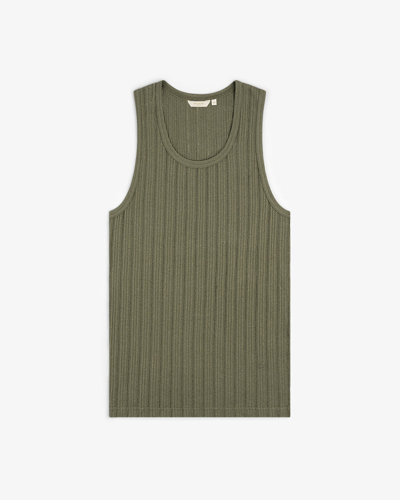 Drop Needle Tank Top in olive green, ribbed style, laid flat on a white background.