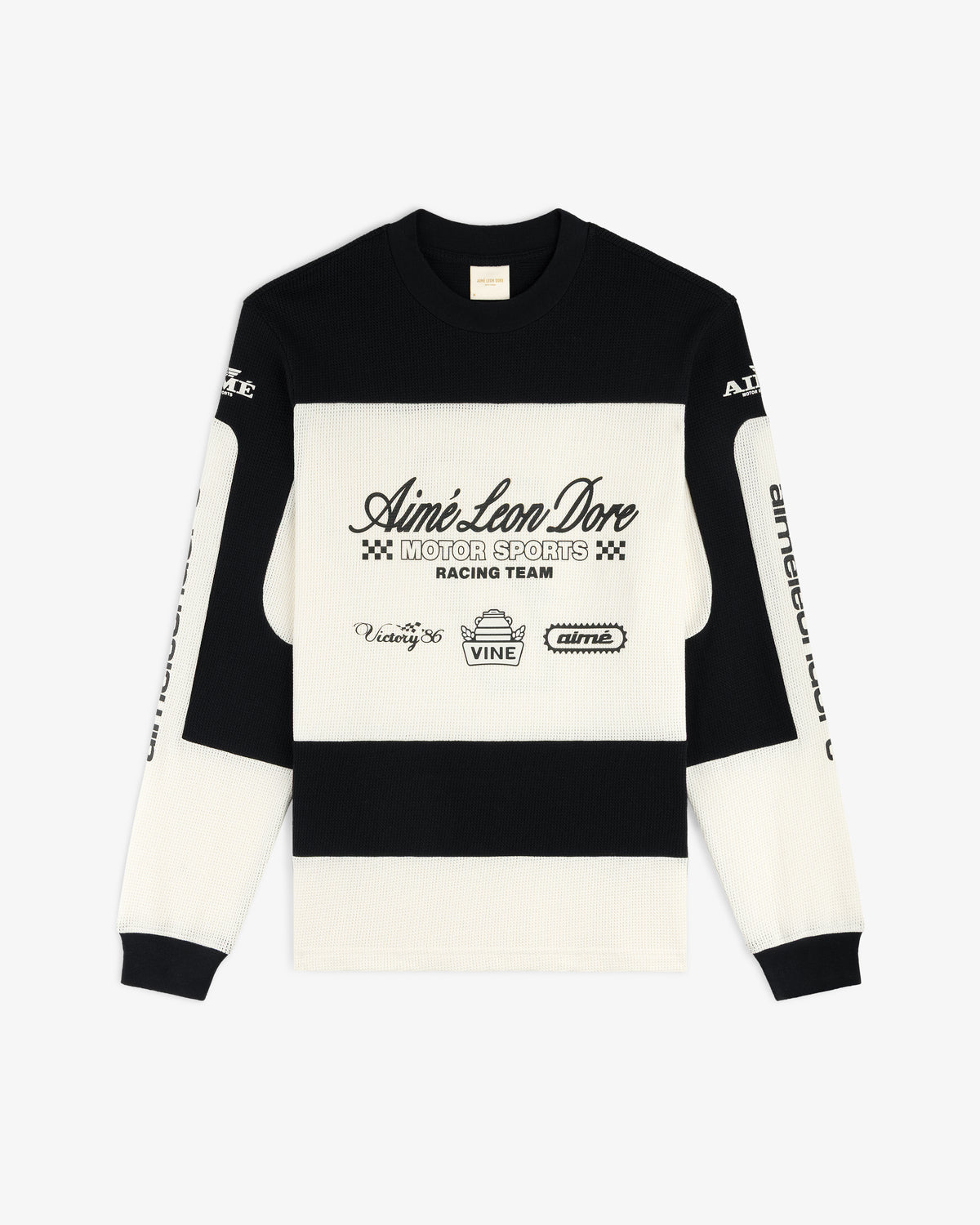 The Long-Sleeve Mesh Enduro Tee features racing logos and Aimé Leon Dore Motor Sports Racing Team on the front.
