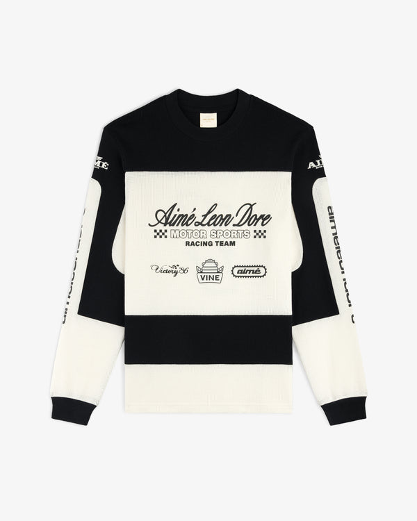 The Long-Sleeve Mesh Enduro Tee features racing logos and Aimé Leon Dore Motor Sports Racing Team on the front.