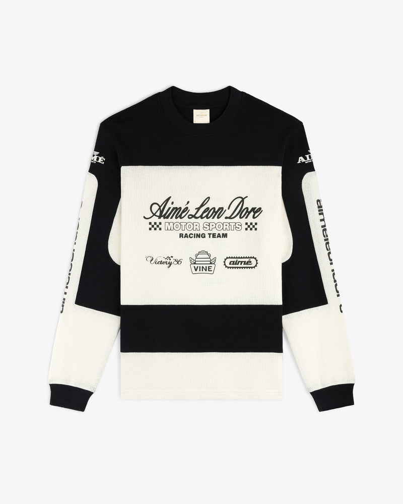 The Long-Sleeve Mesh Enduro Tee features racing logos and Aimé Leon Dore Motor Sports Racing Team on the front.