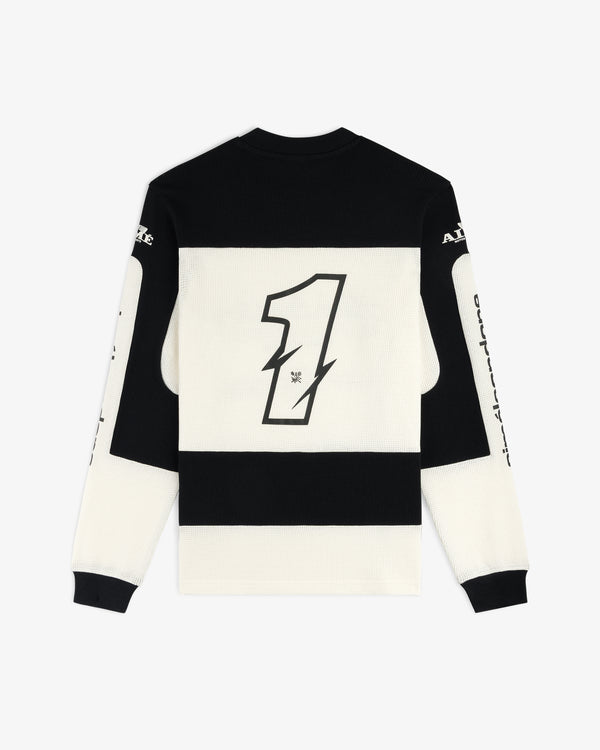 Long-Sleeve Mesh Enduro Tee in black and white with a large number 1 on the back and text on the sleeves.