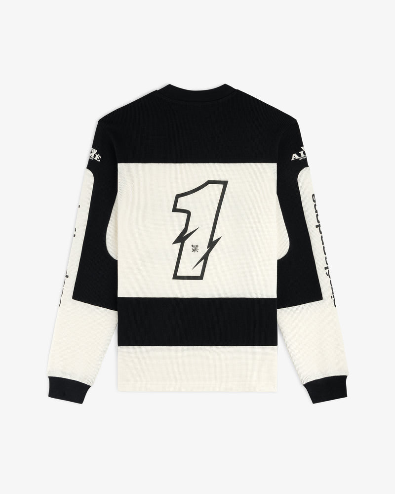 Long-Sleeve Mesh Enduro Tee in black and white with a large number 1 on the back and text on the sleeves.