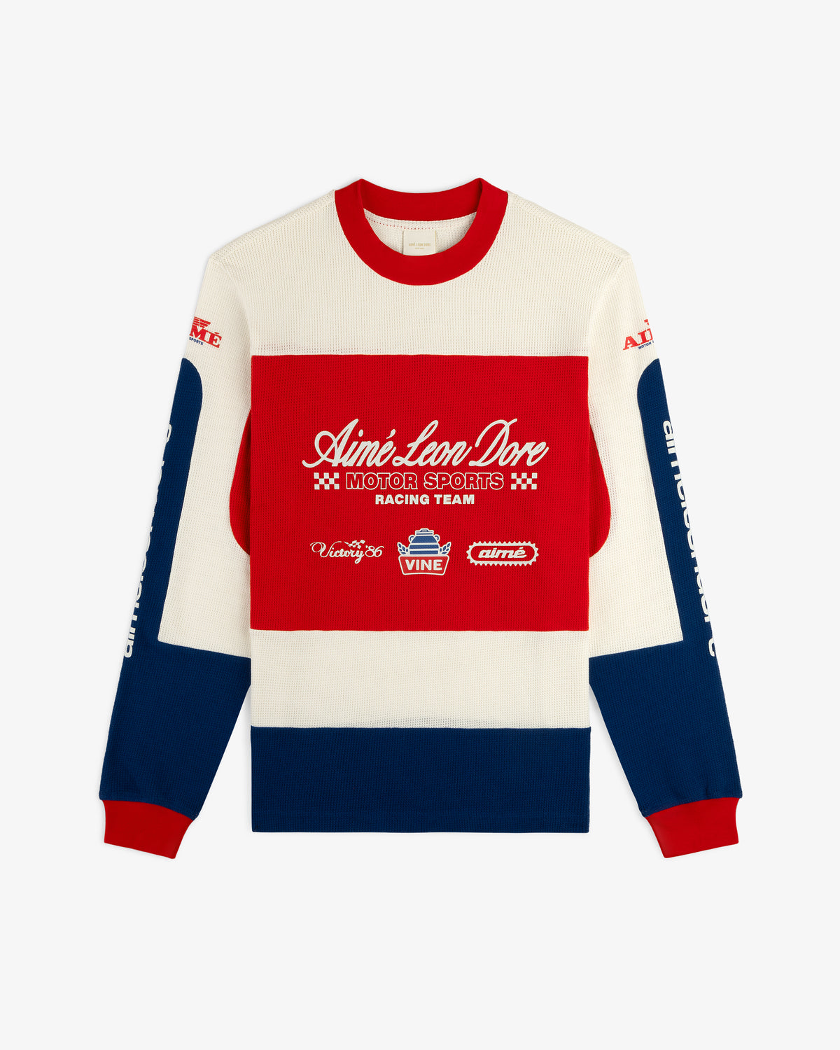 Long-Sleeve Mesh Enduro Tee with red, white, and blue colorblock panels plus racing text and logos on front and sleeves.