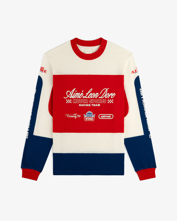 Long-Sleeve Mesh Enduro Tee with red, white, and blue colorblock panels plus racing text and logos on front and sleeves.