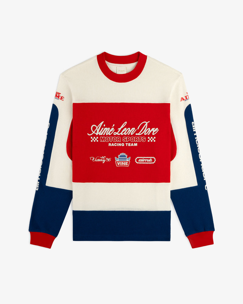 Long-Sleeve Mesh Enduro Tee with red, white, and blue colorblock panels plus racing text and logos on front and sleeves.