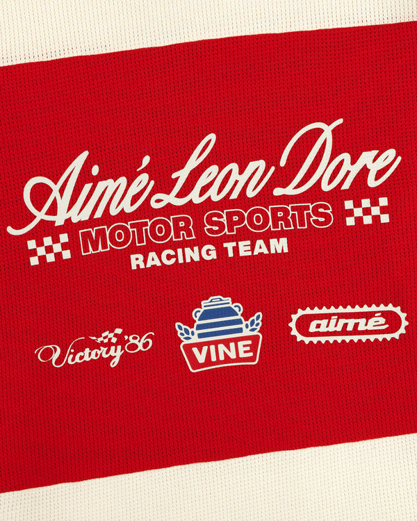 Long-Sleeve Mesh Enduro Tee in red/white with MOTOR SPORTS Racing Team, Victory 86, Vine & Aimé Leon Dore logos.