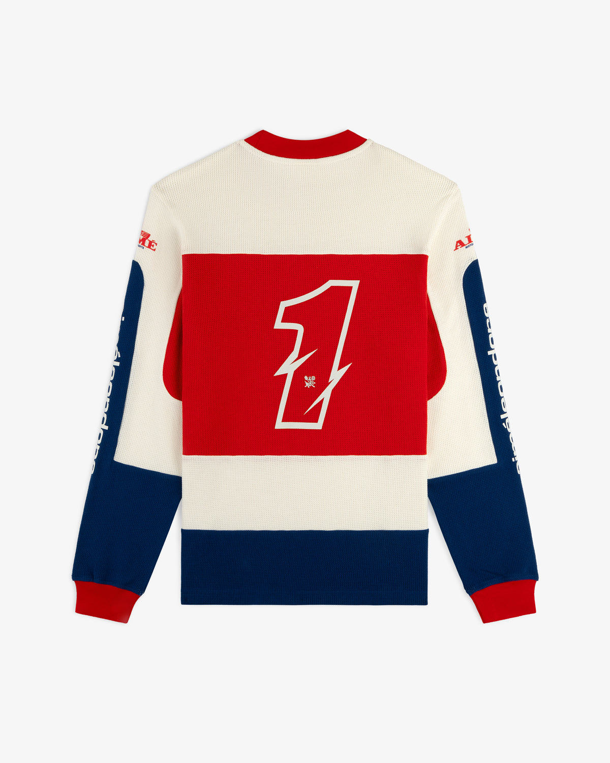 Long-Sleeve Mesh Enduro Tee with red, white, and blue blocks and a large red number 1 on the back.