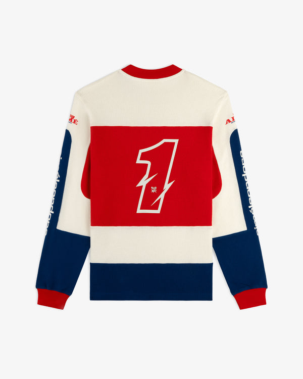 Long-Sleeve Mesh Enduro Tee with red, white, and blue blocks and a large red number 1 on the back.