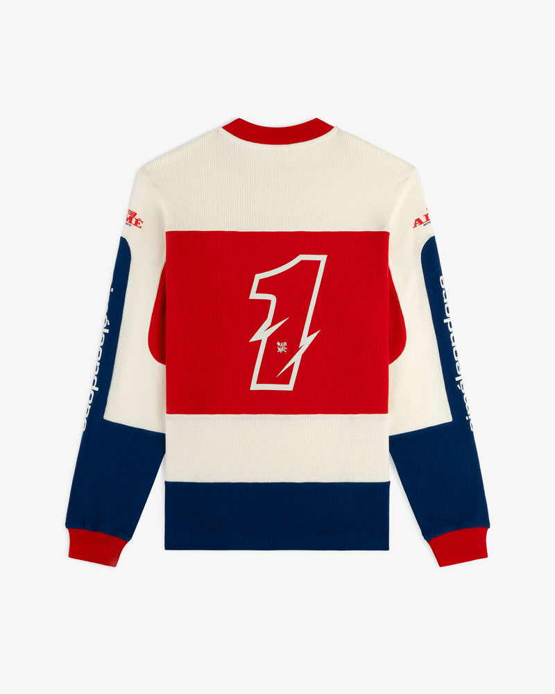 Long-Sleeve Mesh Enduro Tee with red, white, and blue blocks and a large red number 1 on the back.