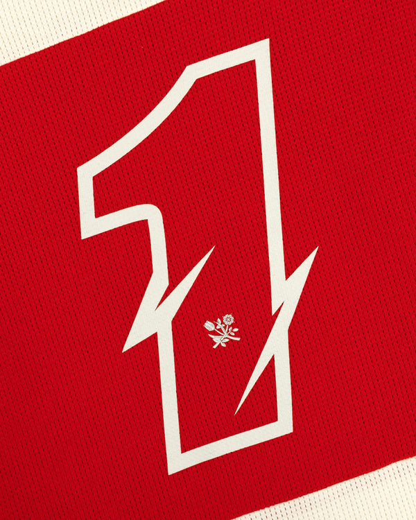 A sharp white number 1 with a rose and swords on red textured Long-Sleeve Mesh Enduro Tee.