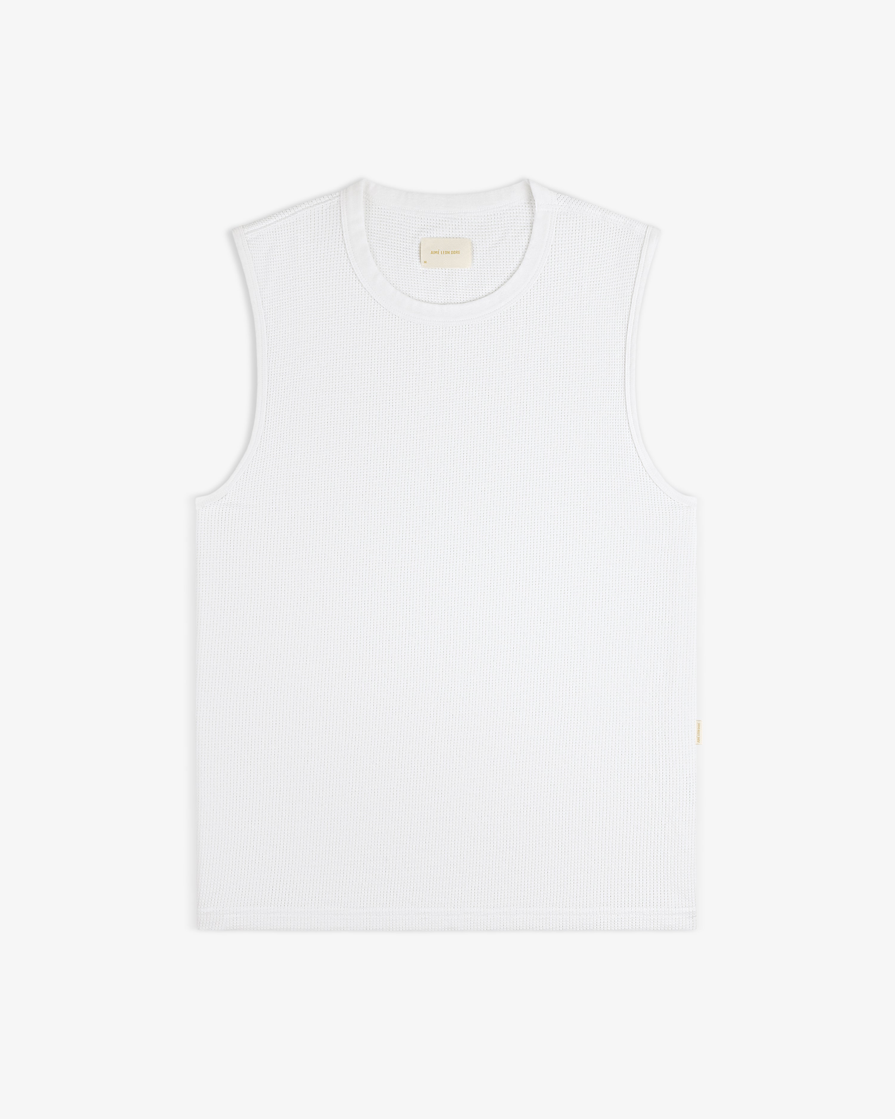 Mesh Muscle Tank shown sleeveless and white, laid flat on a matching white background.