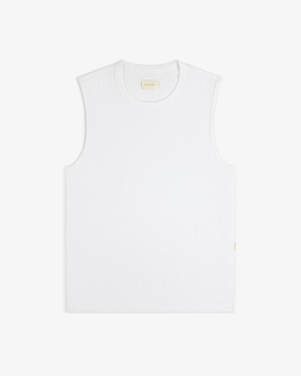 Mesh Muscle Tank shown sleeveless and white, laid flat on a matching white background.