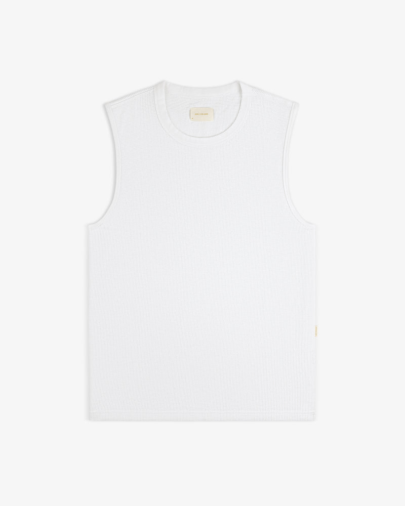 Mesh Muscle Tank shown sleeveless and white, laid flat on a matching white background.