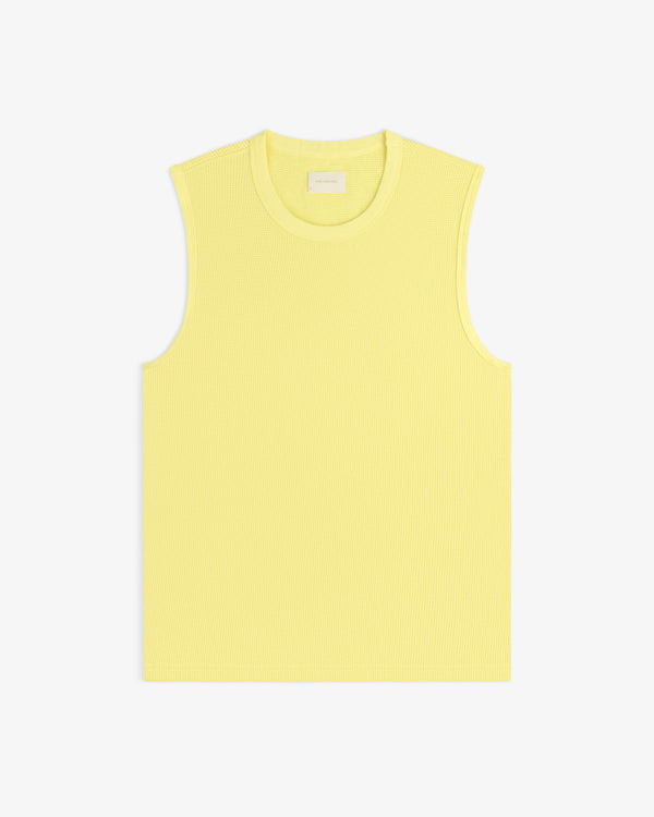 Mesh Muscle Tank in light yellow, sleeveless and ribbed, displayed flat on a white background.