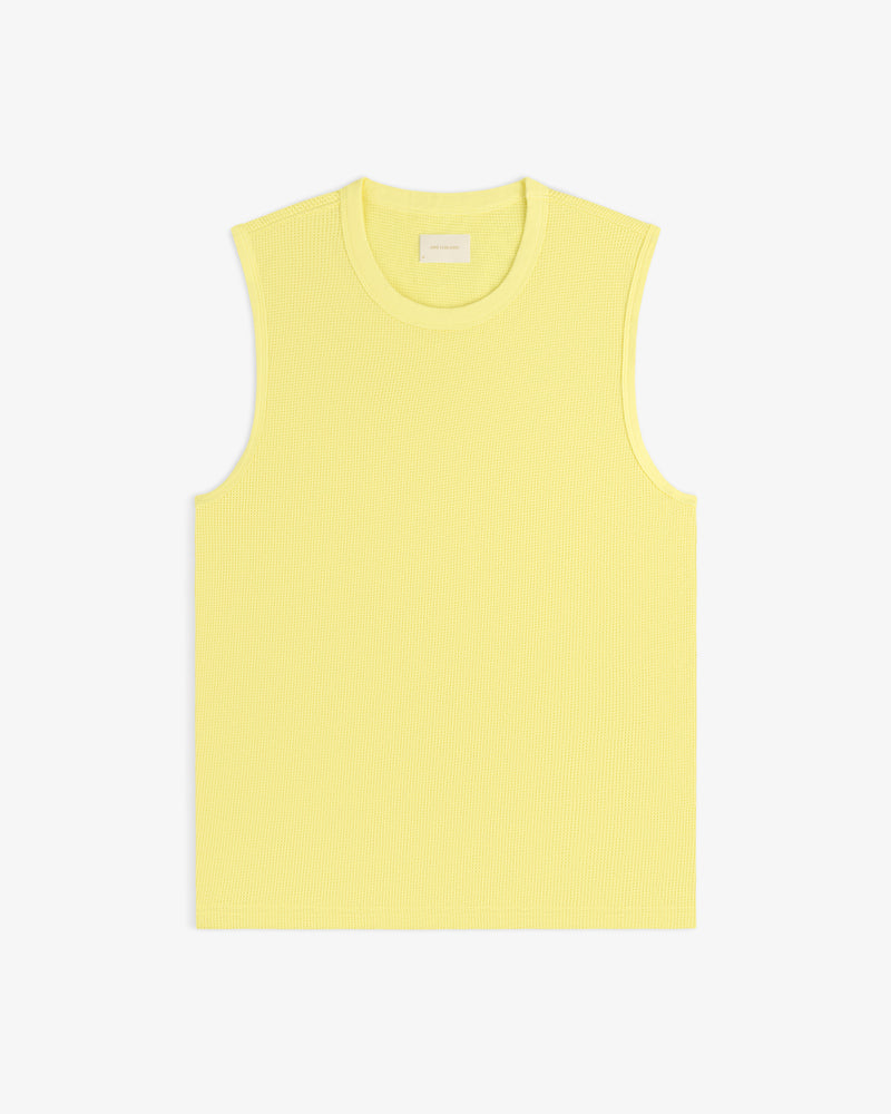 Mesh Muscle Tank in light yellow, sleeveless and ribbed, displayed flat on a white background.