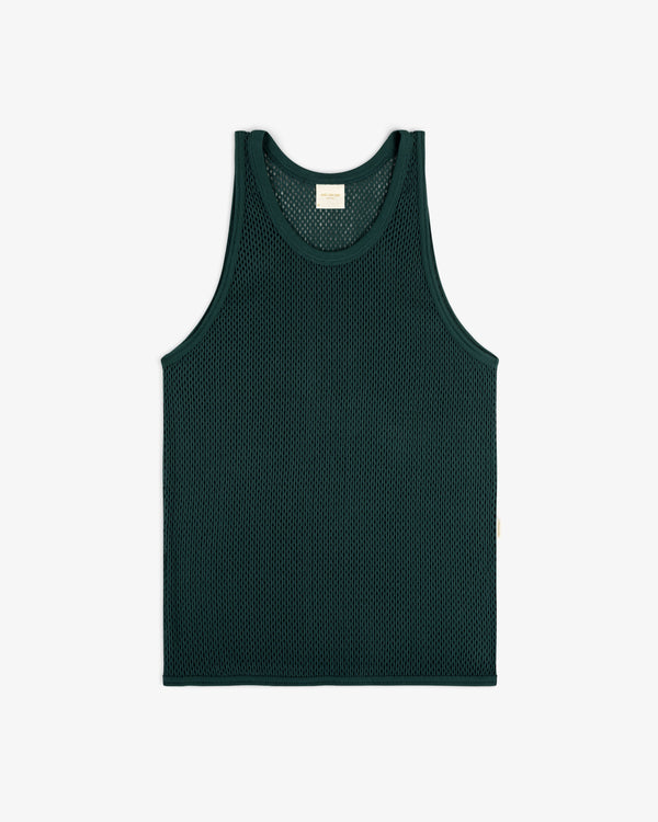 Mesh Tank Top in dark green with a round neckline and wide armholes, laid flat on a white background.