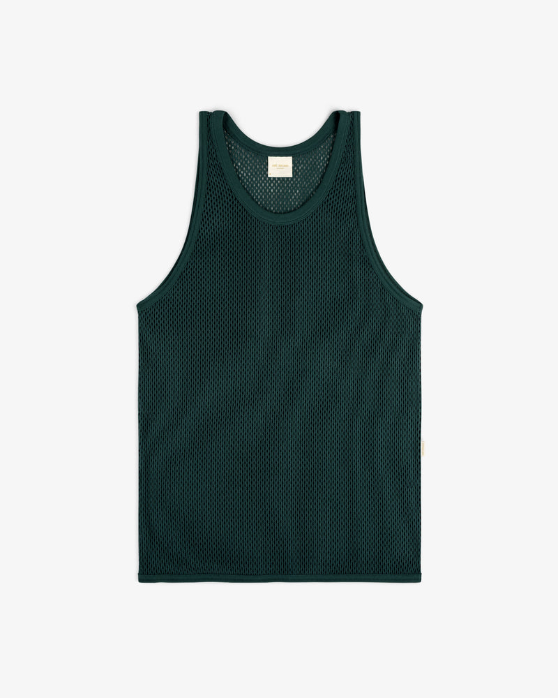 Mesh Tank Top in dark green with a round neckline and wide armholes, laid flat on a white background.
