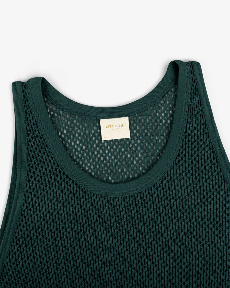 Mesh Tank Top in dark green with a round neckline and visible inner collar label.