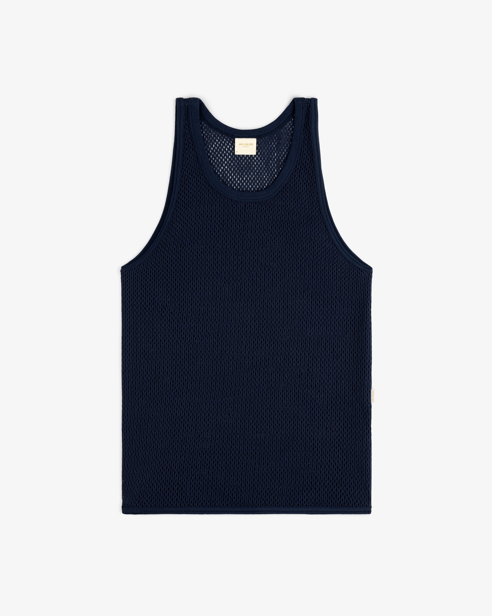 Mesh Tank Top in navy blue displayed flat on a white background.