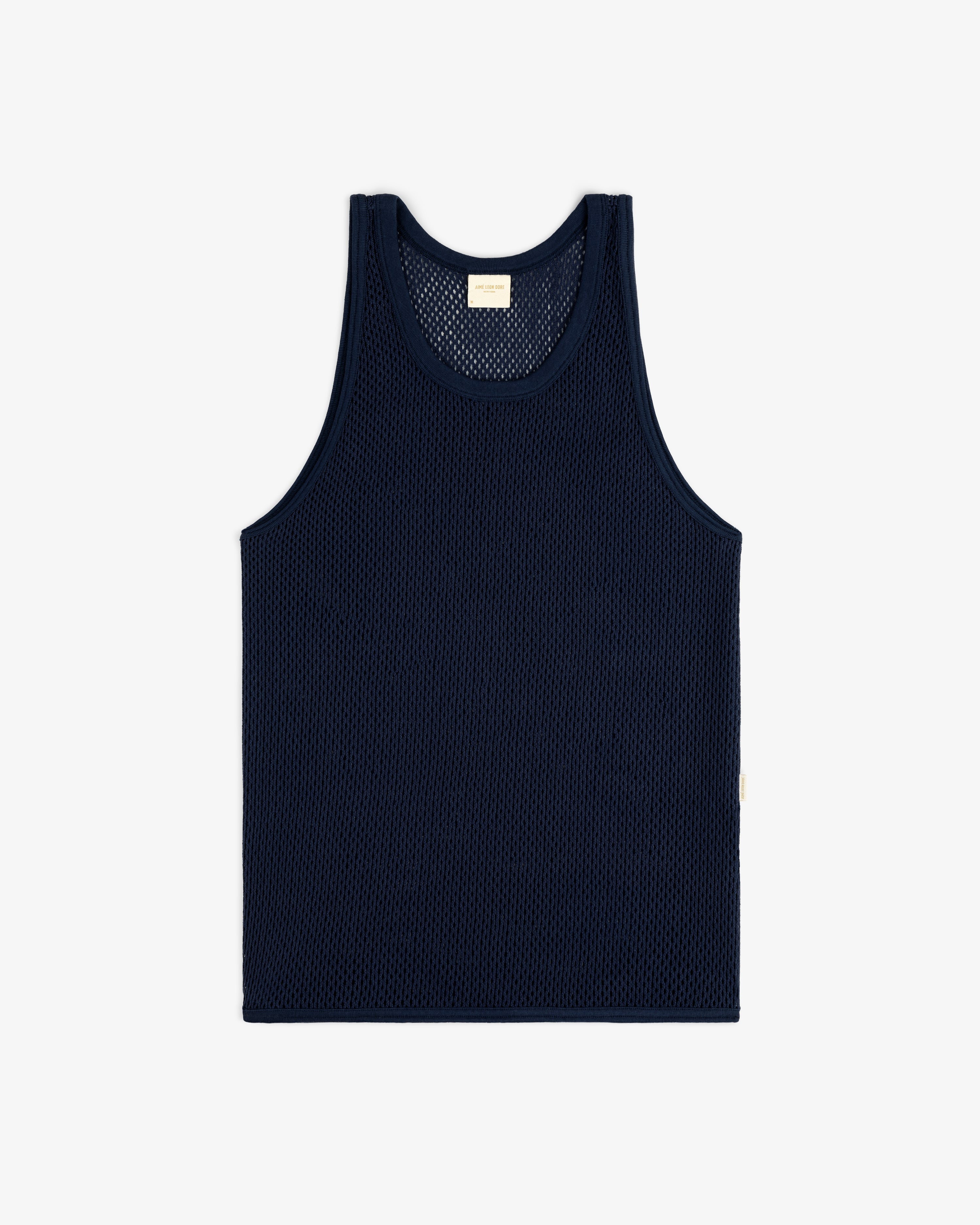 Mesh Tank Top in navy blue displayed flat on a white background.