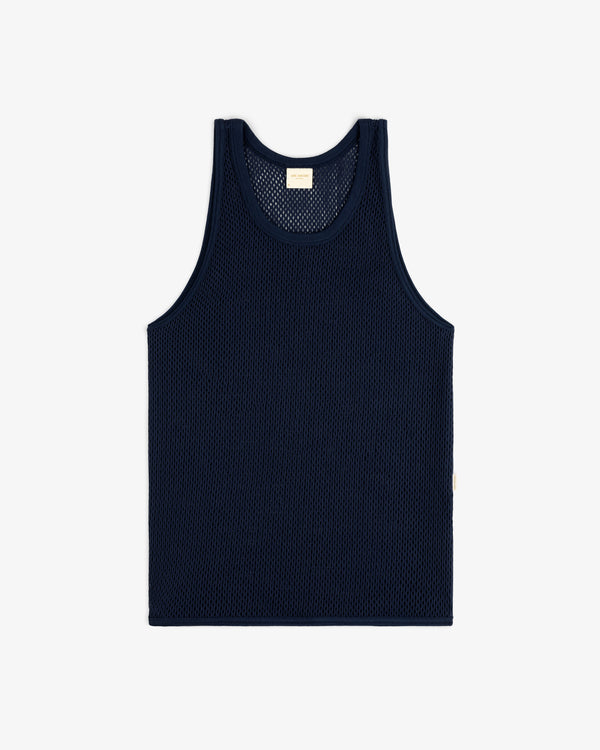Mesh Tank Top in navy blue displayed flat on a white background.