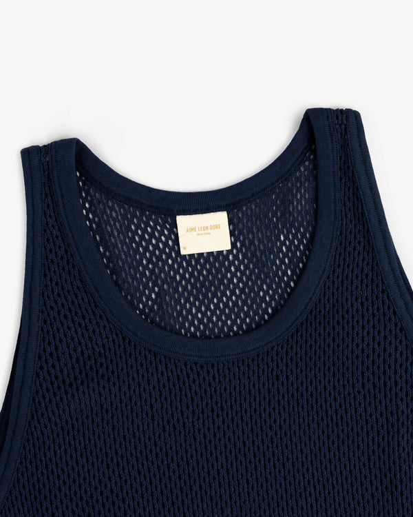 Navy blue Mesh Tank Top with woven texture and beige inner neckline label.