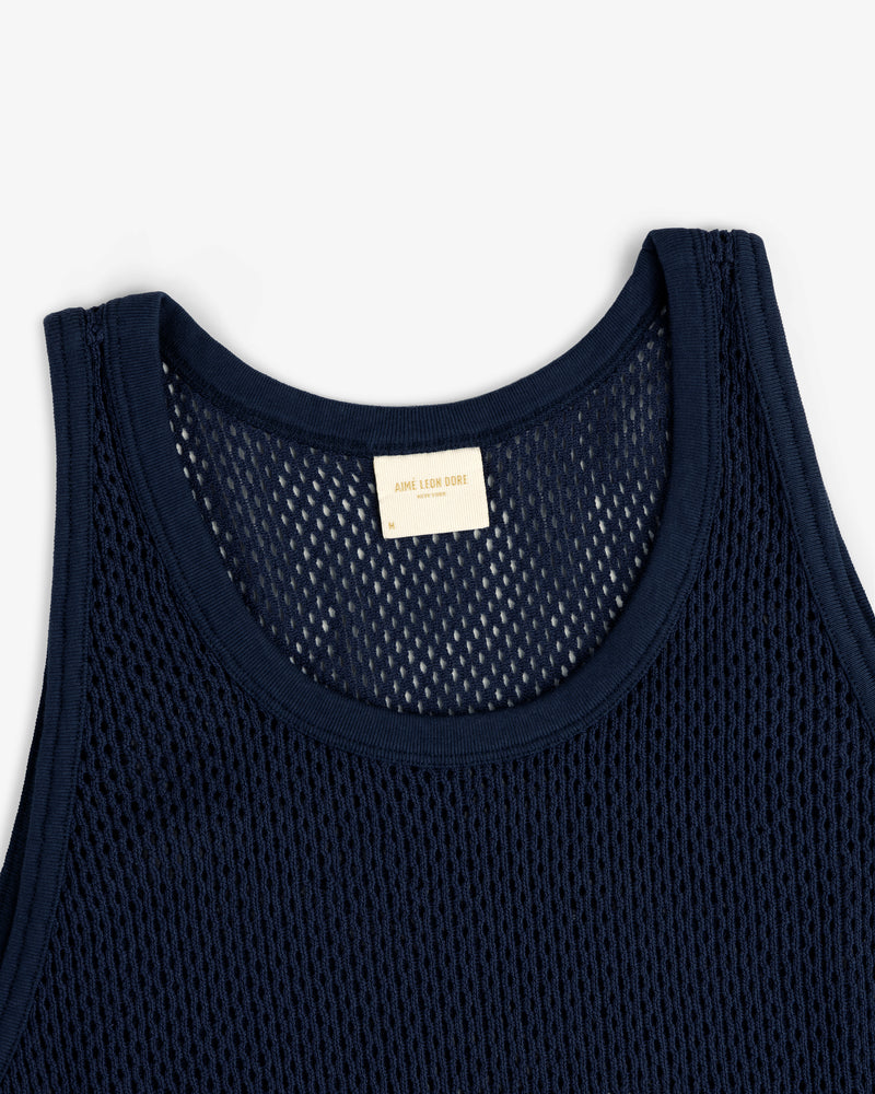 Navy blue Mesh Tank Top with woven texture and beige inner neckline label.