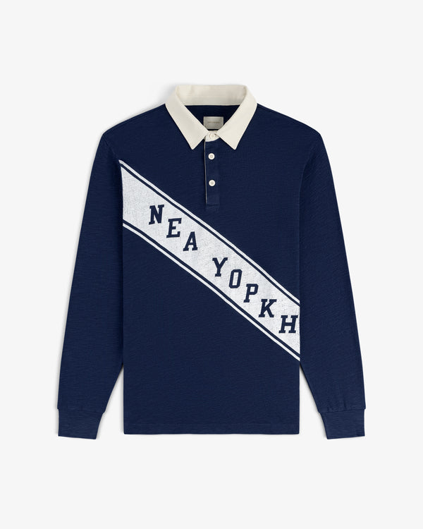 Vintage Slub Rugby in navy with white collar and diagonal NEW YORK text across the front.