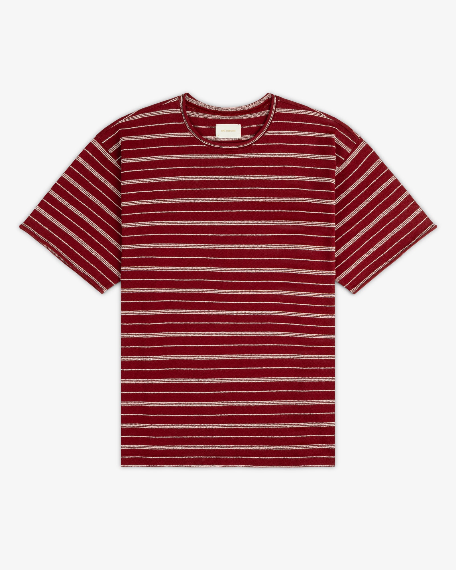 Jacquard Striped Rollneck Tee in red with white and pink stripes, displayed flat on a white background.