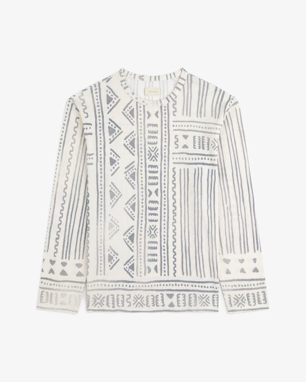Long-Sleeve Mesh Tapestry Tee featuring gray geometric and striped blocks on the white front and sleeves.
