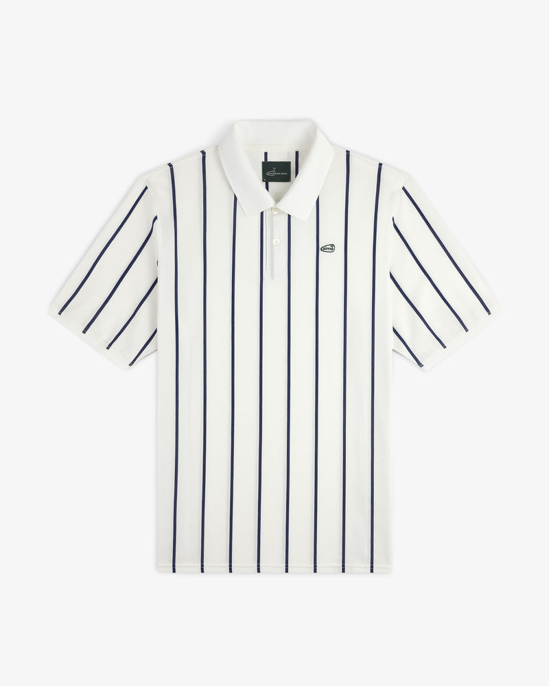 ALD Golf Polo: White with navy vertical stripes and a small green logo embroidered on the left chest.