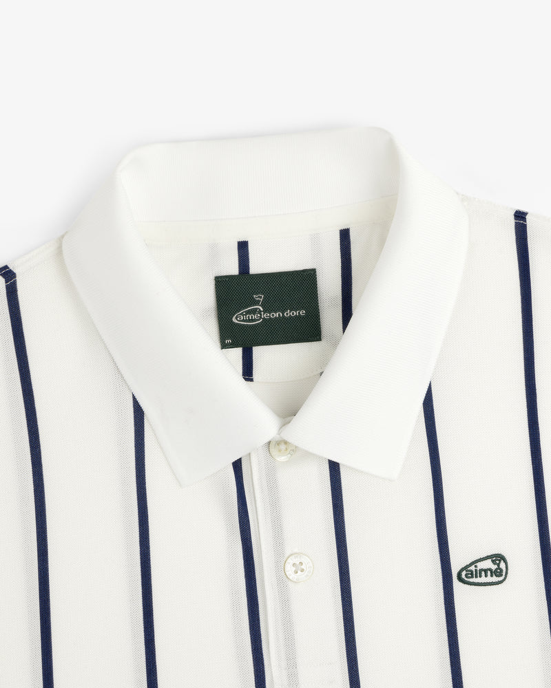 ALD Golf Polo: white collared shirt with navy stripes and "aimé" logo patch on the chest.