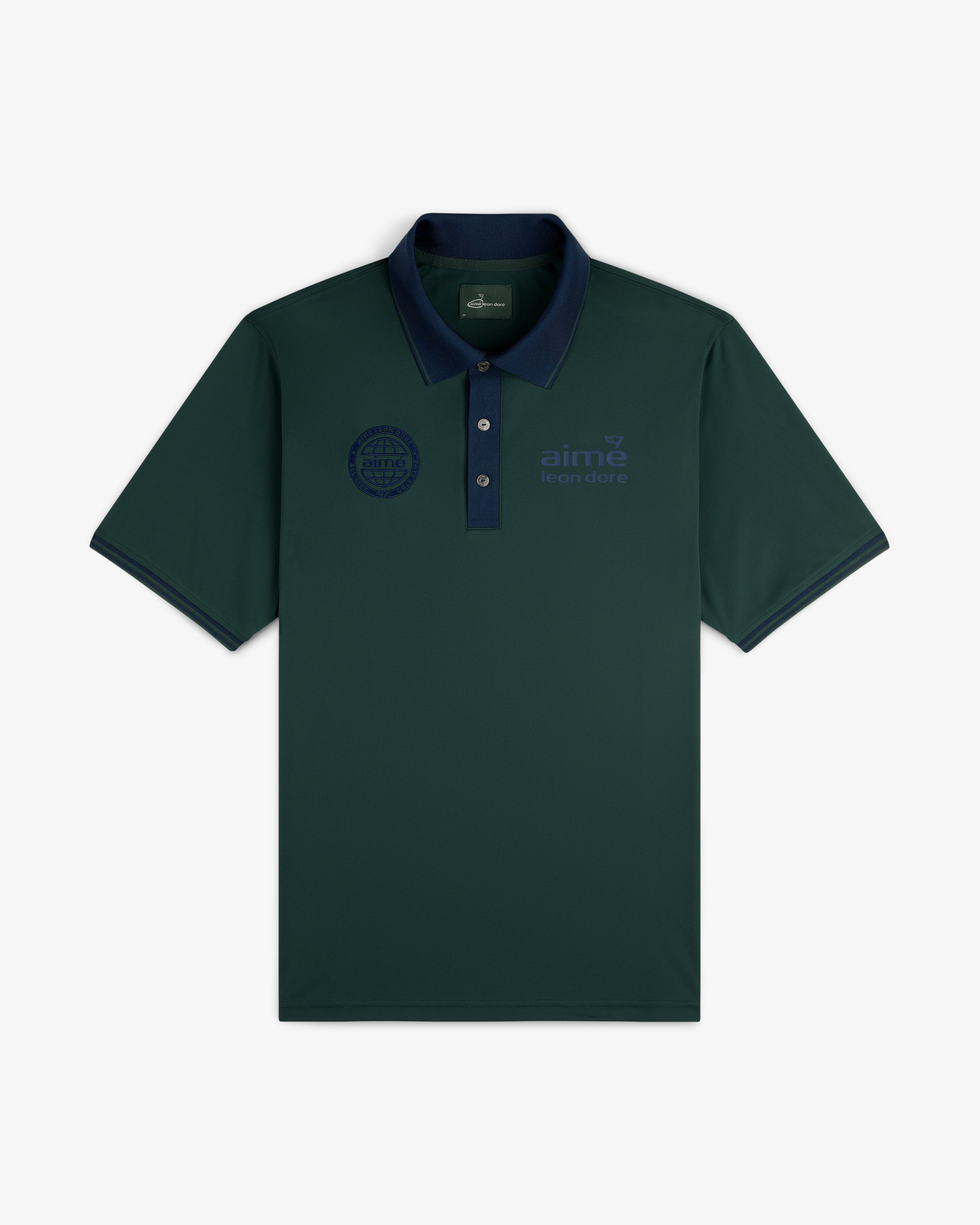 ALD Golf Tour Polo: Dark green with navy collar, 3 buttons, blue embroidered logos on both chests.