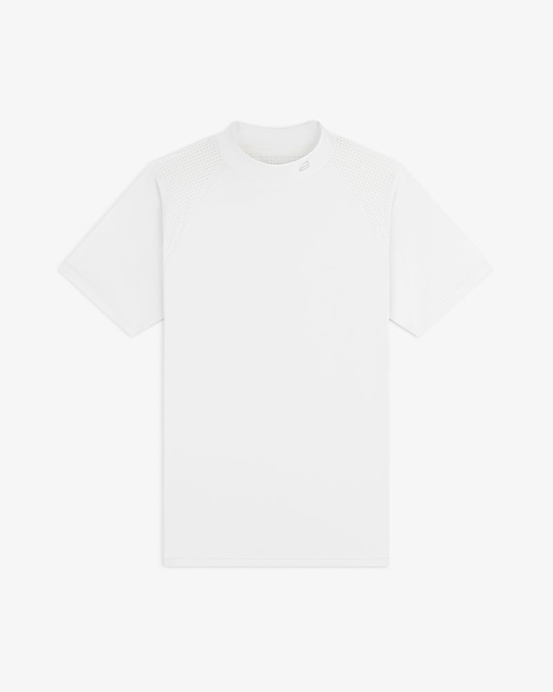 ALD Golf Performance Tee—white short-sleeve athletic shirt with mesh-shoulder detail, shown on a white background.
