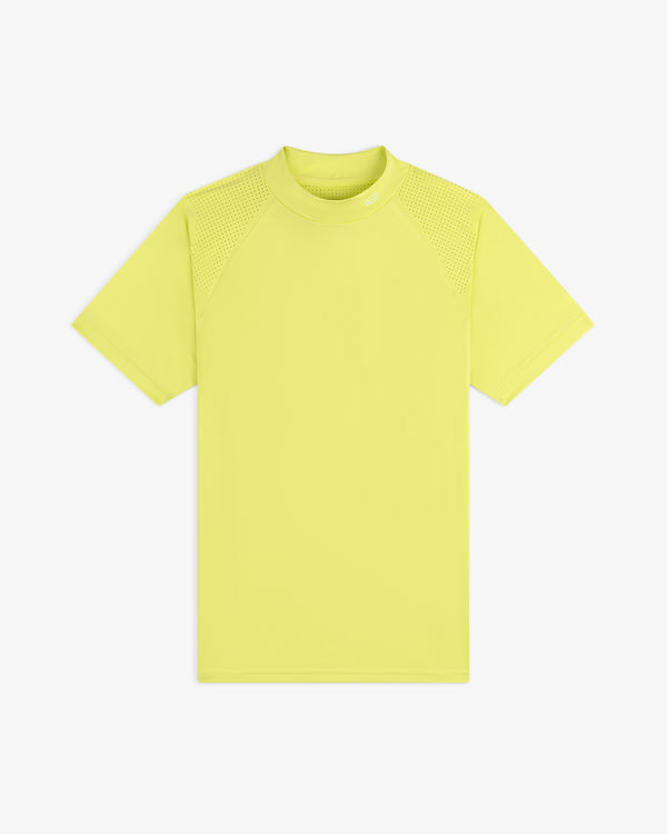 ALD Golf Performance Tee in bright yellow with textured shoulder panels, shown flat on a white background.