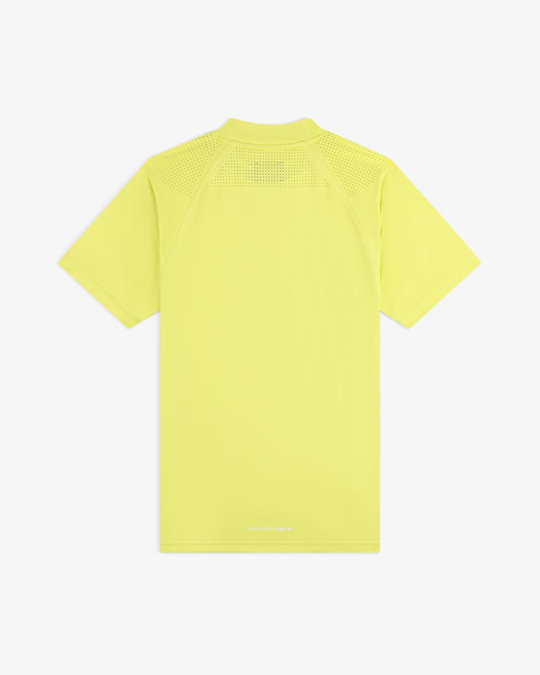 Back view of ALD Golf Performance Tee: short-sleeve, bright yellow, with mesh ventilation on upper back and shoulders.