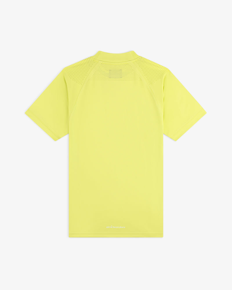 Back view of ALD Golf Performance Tee: short-sleeve, bright yellow, with mesh ventilation on upper back and shoulders.