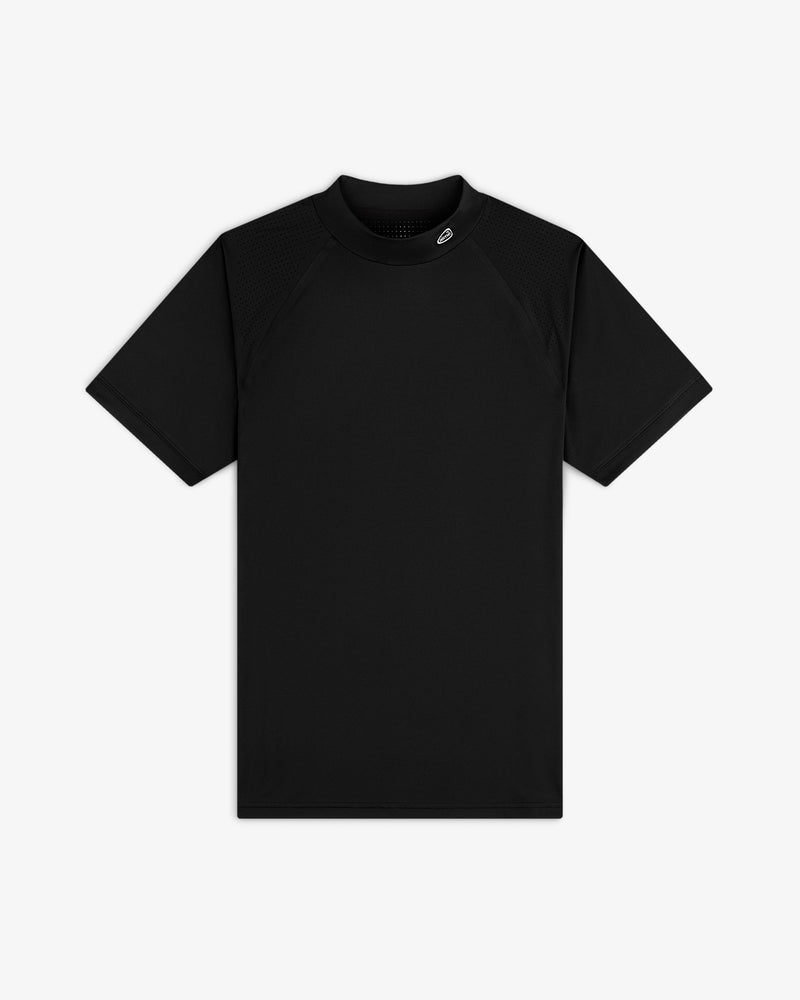 ALD Golf Performance Tee in black, short sleeves and high collar, displayed flat on a white background.
