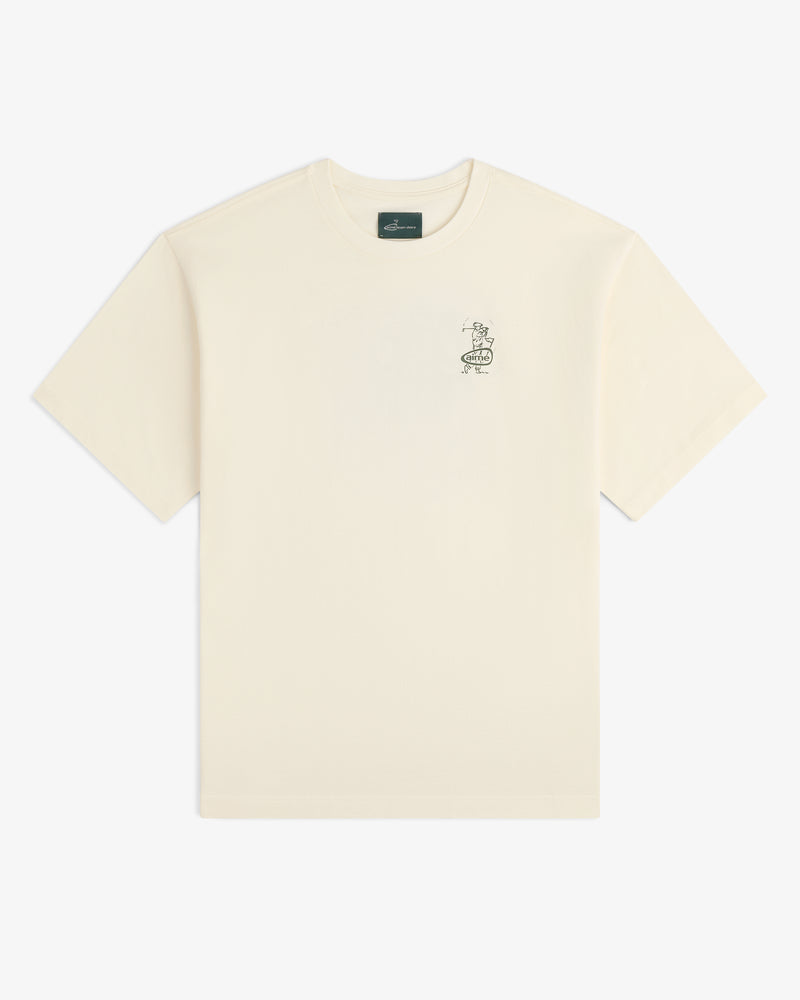 ALD Golf Swing Tee: Off-white short-sleeve t-shirt with small black graphic and text on left chest.