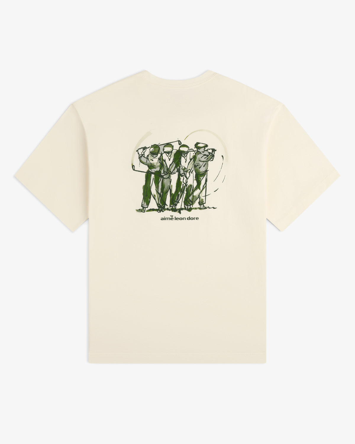 Beige ALD Golf Swing Tee featuring a green line drawing of four golfers and Aimé Leon Dore text on the back.