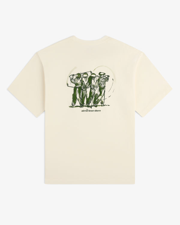 Beige ALD Golf Swing Tee featuring a green line drawing of four golfers and Aimé Leon Dore text on the back.