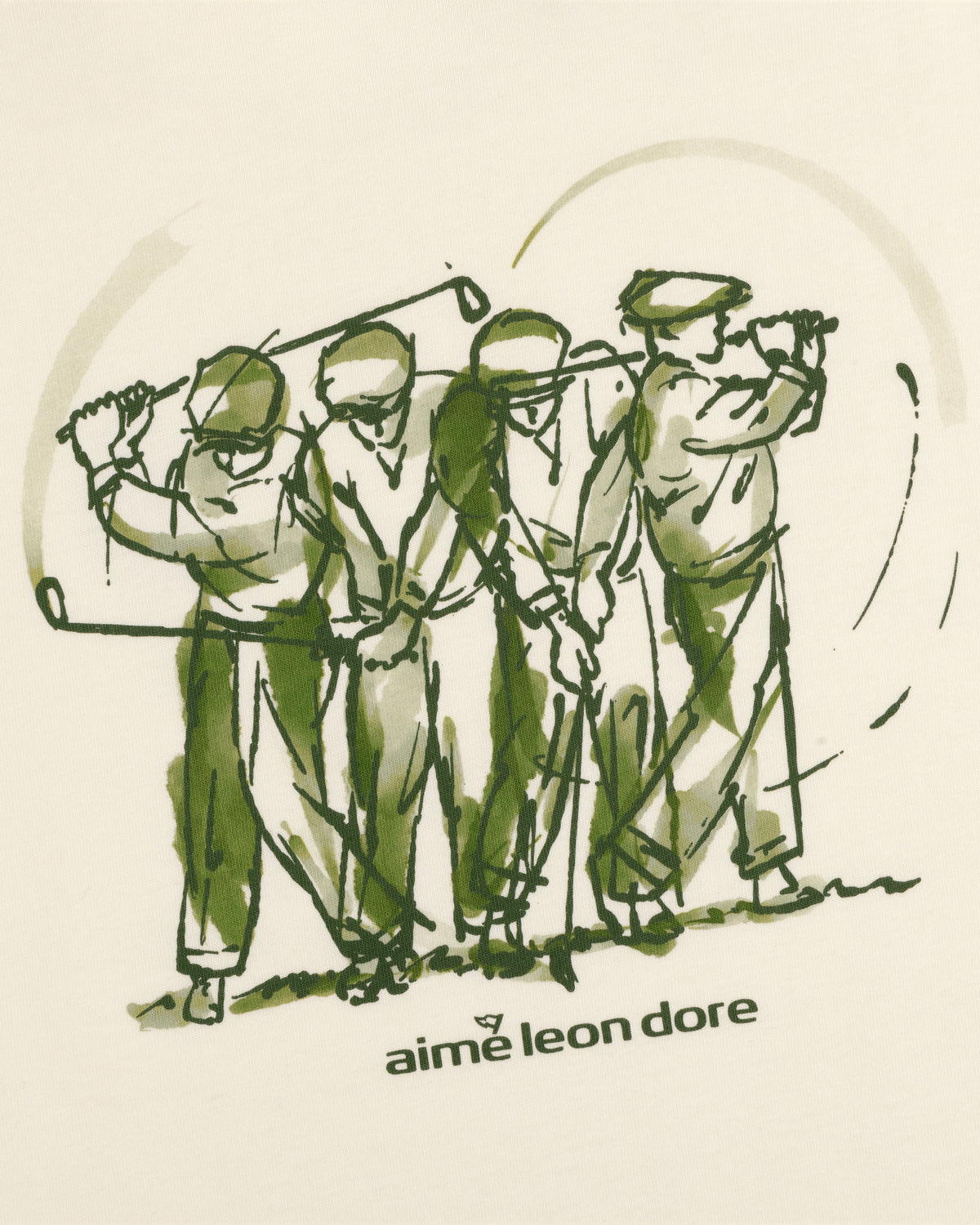 Four golfers swinging clubs in green tones with ALD Golf Swing Tee text on a cream background.