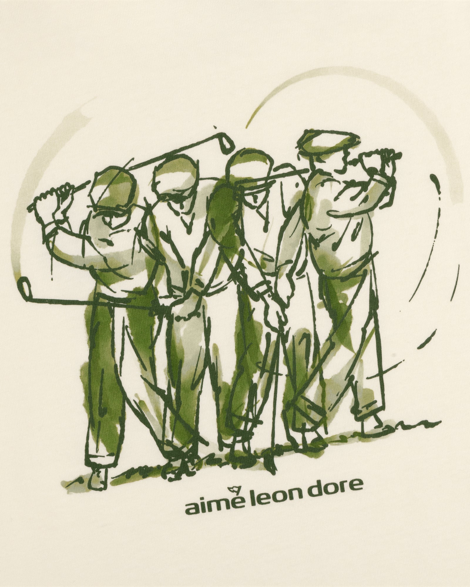 Four golfers swinging clubs in green tones with ALD Golf Swing Tee text on a cream background.